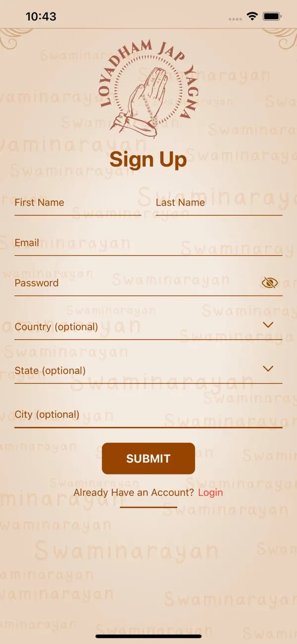 Sign up screen in the Loyadham Jap Yagna app