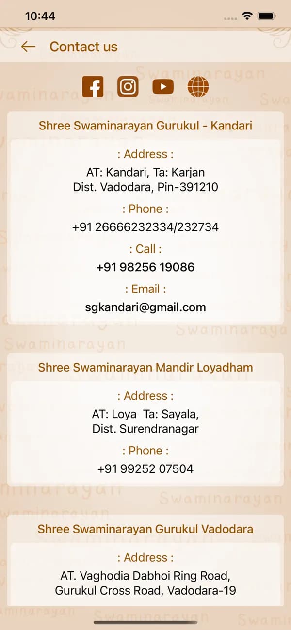 Contact and mandir directory screen in the Loyadham Jap Yagna app