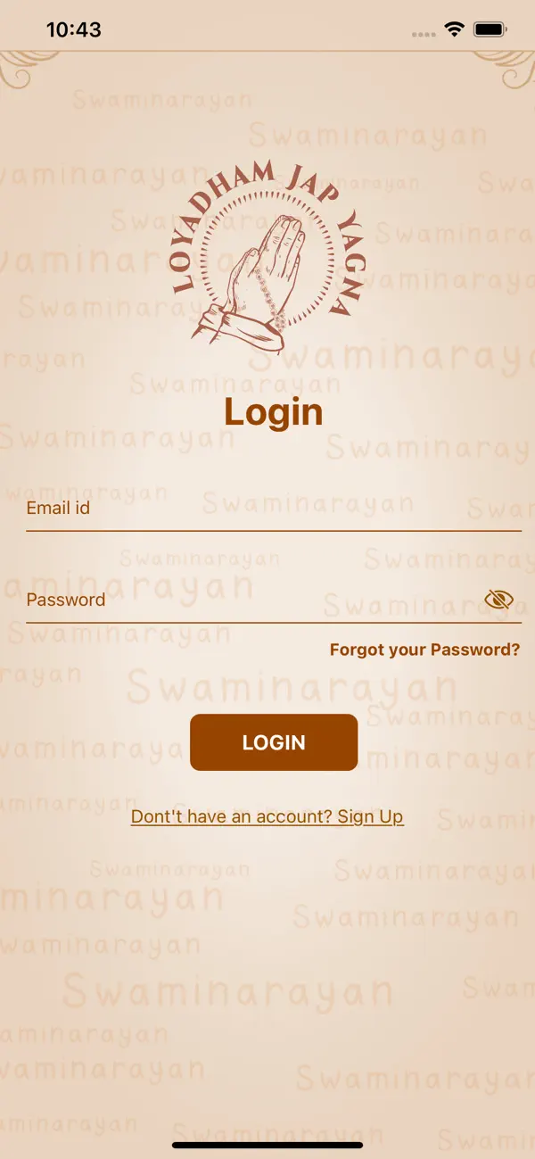 Login screen in the Loyadham Jap Yagna app