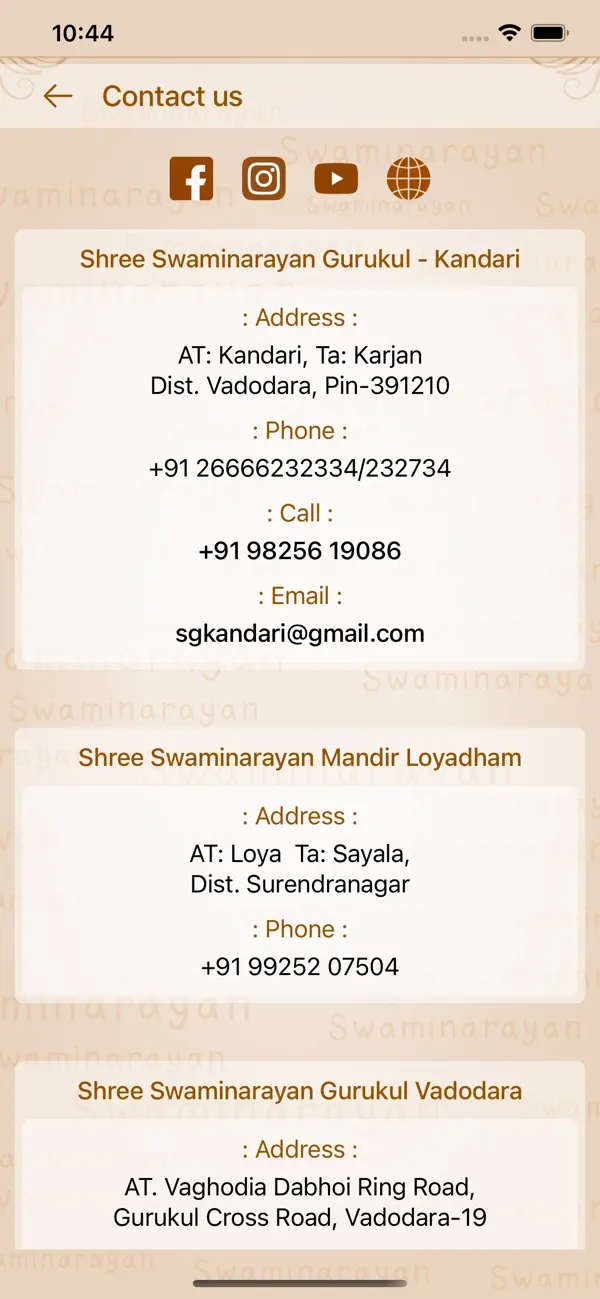 Contact and mandir directory screen in the Loyadham Jap Yagna app